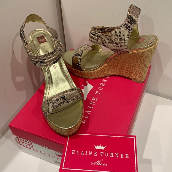 NWB 👑 Elaine Turner Kelcie Leather Raffia Wedge Platform Sandal Tan Gold Black - Picture 11 of 15